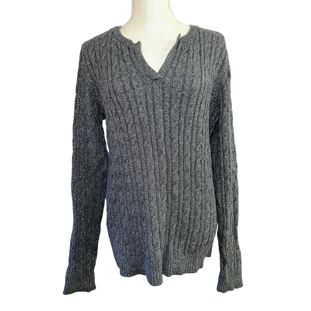 Charter Club Womens Cable Knit Sweater Gray Sparkle Pullover V-Neck Long Sleeve